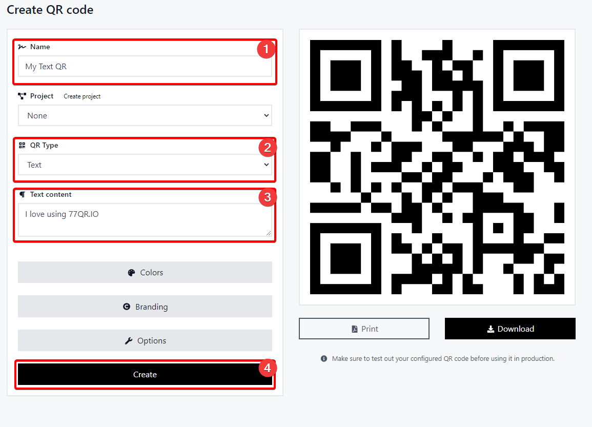 How to create a text QR code with 77QR