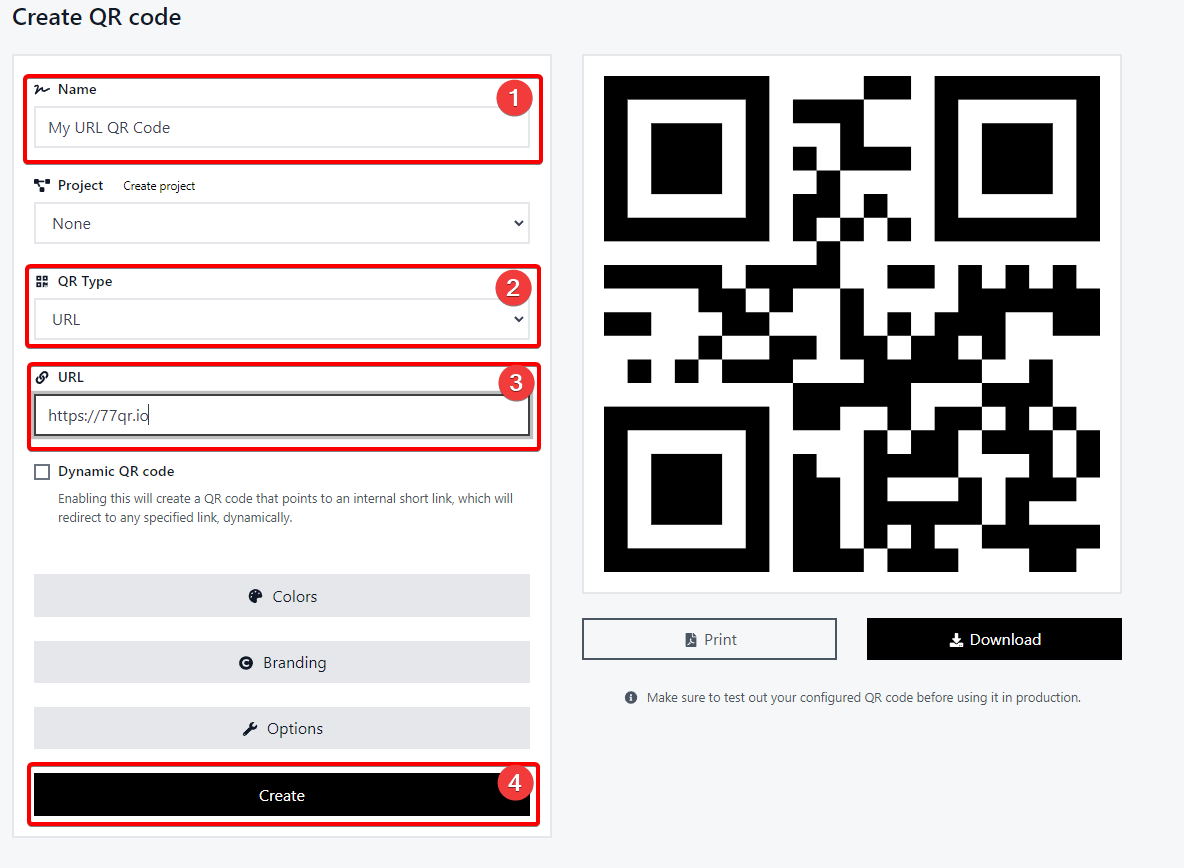 how to create URL QR code with 77QR